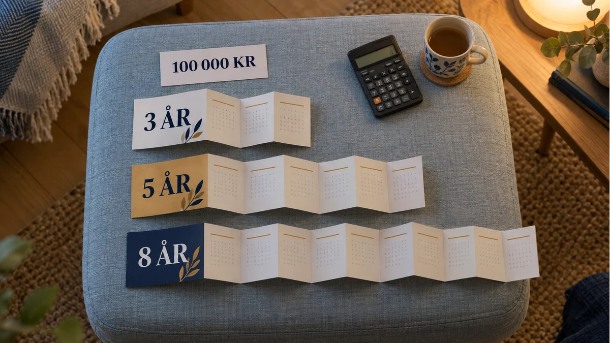 Tre vikta papperskalendrar märkta 3 år, 5 år och 8 år tillsammans med en miniräknare på blått tyg, som illustrerar olika återbetalningstider för 100 000 kronor