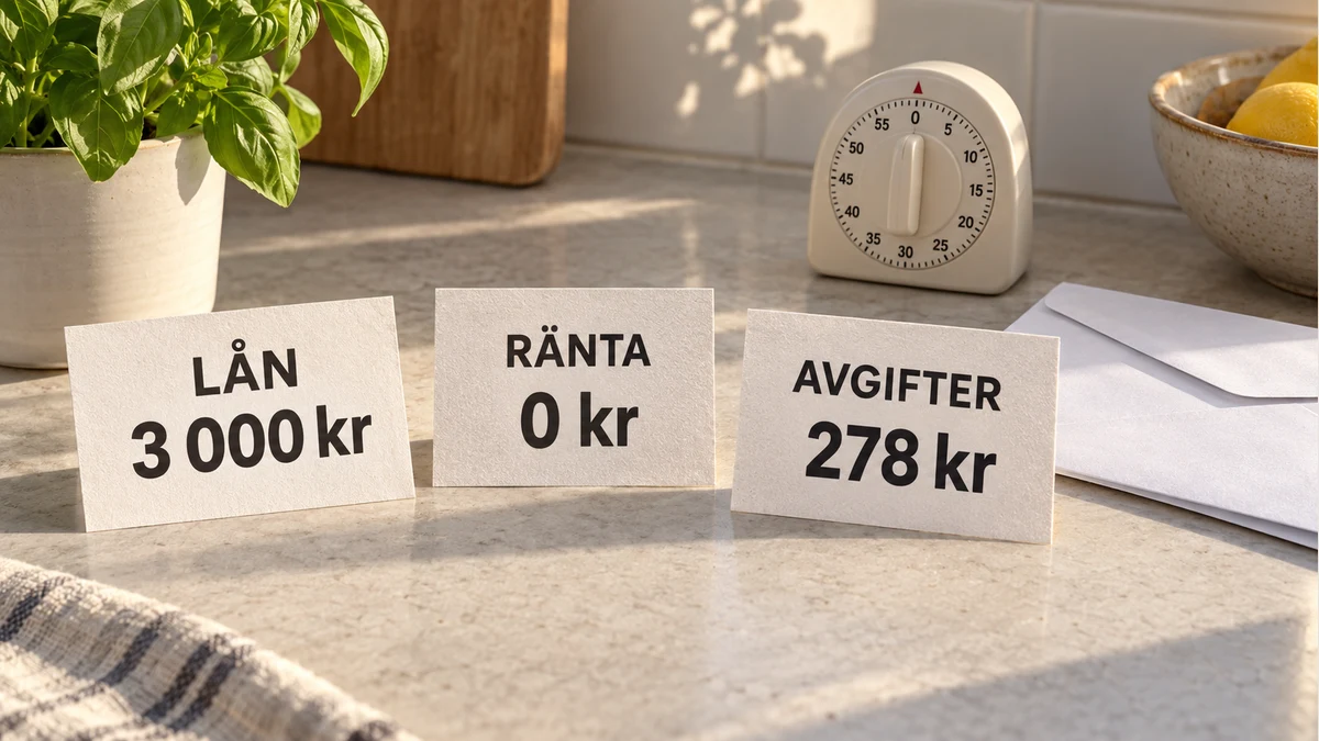 Tre papperskort visar lån 3 000 kronor, ränta 0 kronor och avgifter 278 kronor bredvid kökstimer och kuvert på en ljus köksbänk