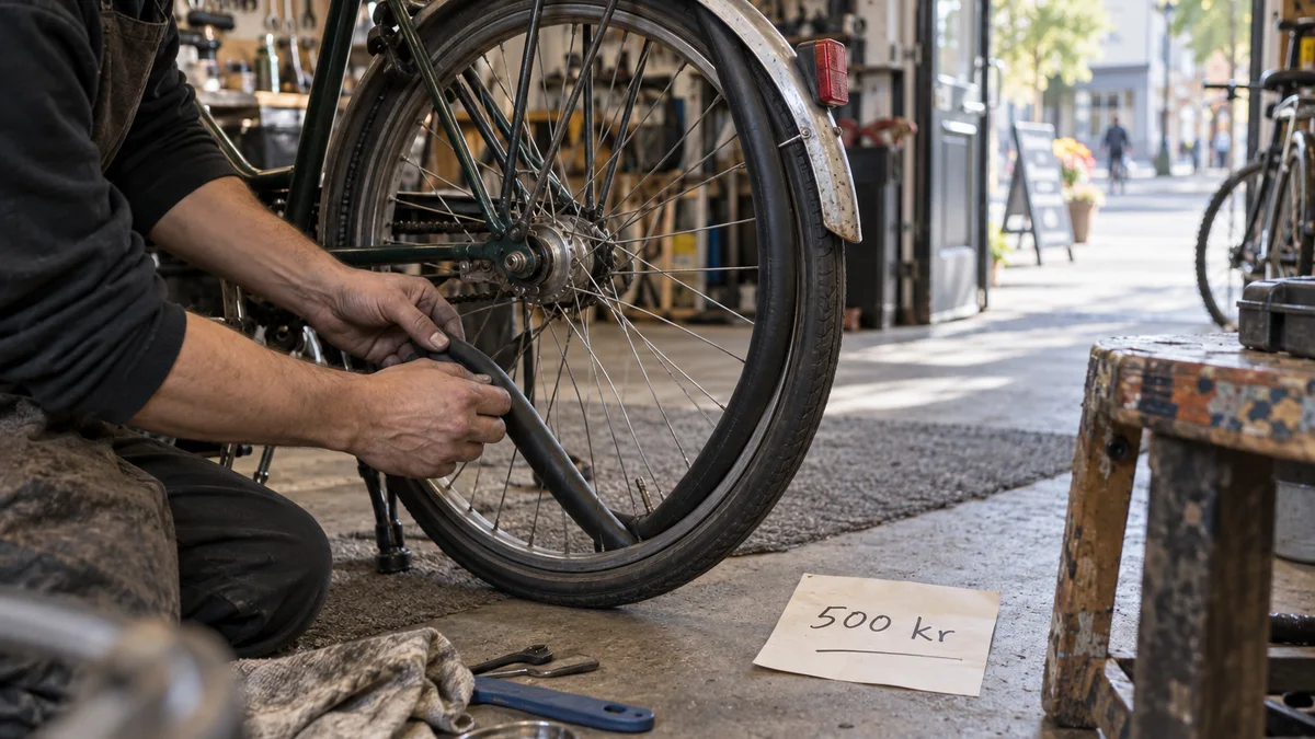 Cykelmekaniker lagar ett punkterat bakhjul i en svensk verkstad bredvid ett illustrativt kostnadsunderlag på 500 kr