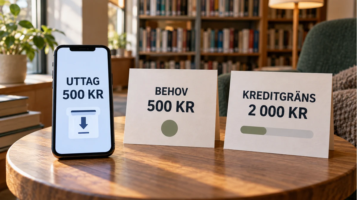 Två kort och en mobil på ett träbord visar ett illustrativt behov på 500 kr, en kreditgräns på 2 000 kr och ett uttag på 500 kr