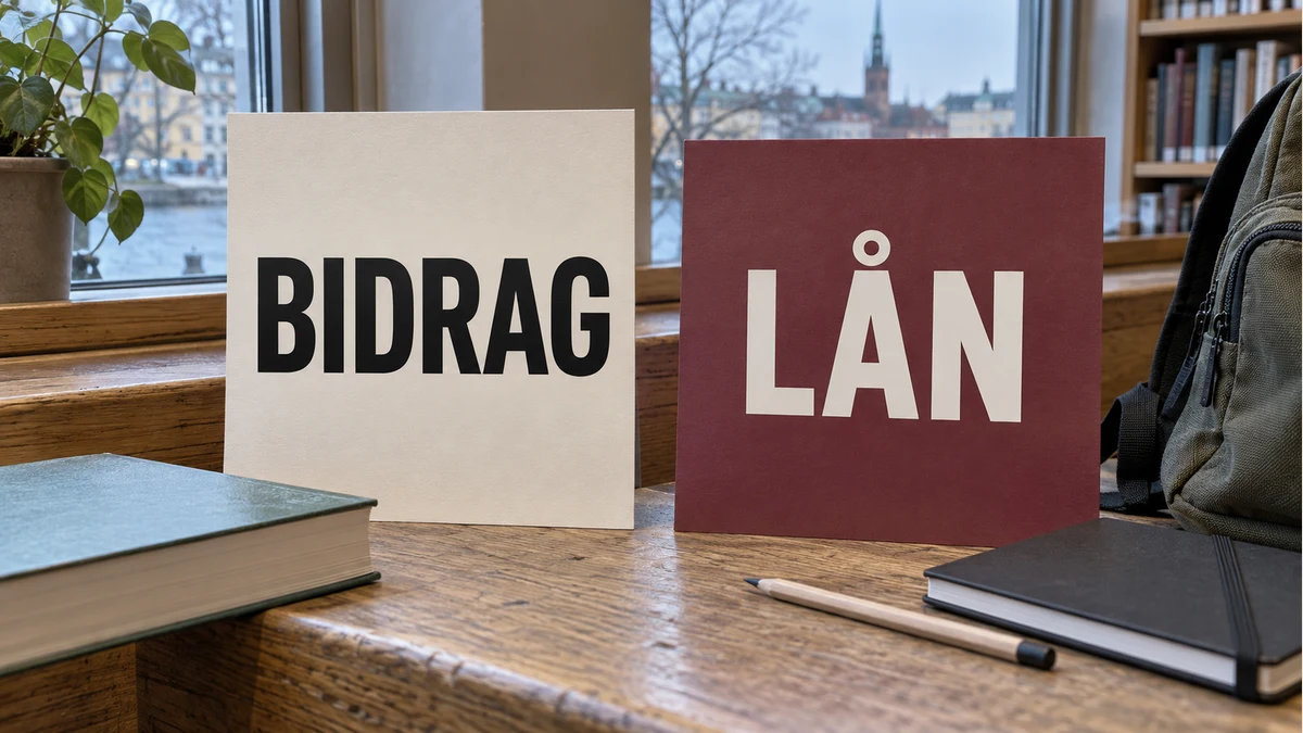 Två stora kort märkta Bidrag och Lån bredvid skolbok, anteckningsbok och ryggsäck på en biblioteksbänk