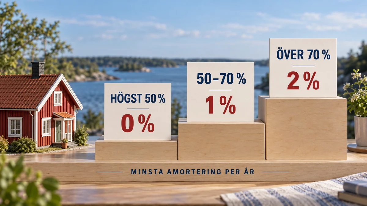 Tre trappsteg visar minsta årliga amortering: noll procent vid högst 50 procents belåningsgrad, en procent vid 50 till 70 procent och två procent över 70 procent