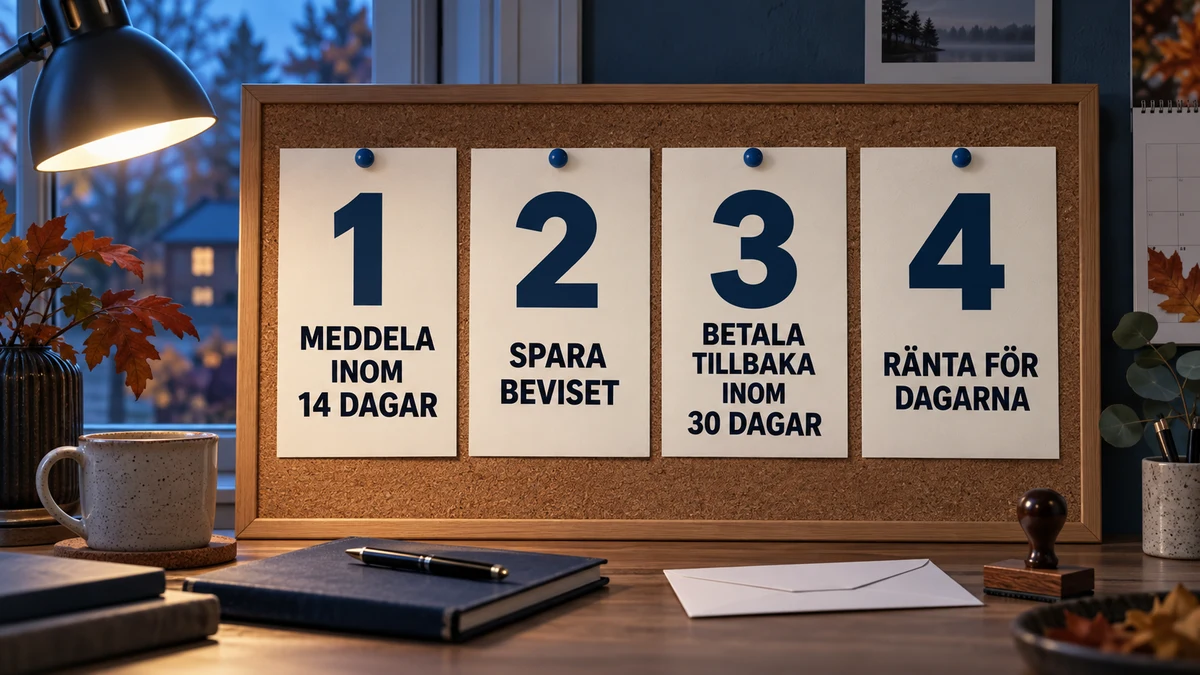 Fyra steg för att ångra ett lån: meddela inom 14 dagar, spara beviset, betala tillbaka inom 30 dagar och betala ränta för dagarna