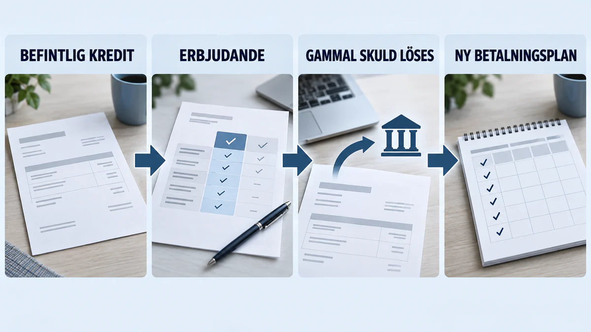 Fyra steg vid refinansiering: befintlig kredit, erbjudande, gammal skuld löses och ny betalningsplan