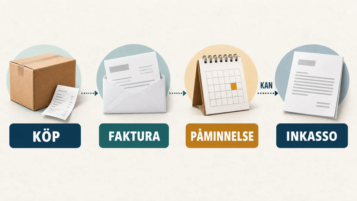 Fyra möjliga steg från köp till faktura, påminnelse och eventuellt inkasso