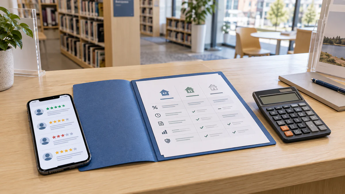 Mobil med anonyma betyg jämförs med en villkorsöversikt och en kalkylator i ett svenskt bibliotek