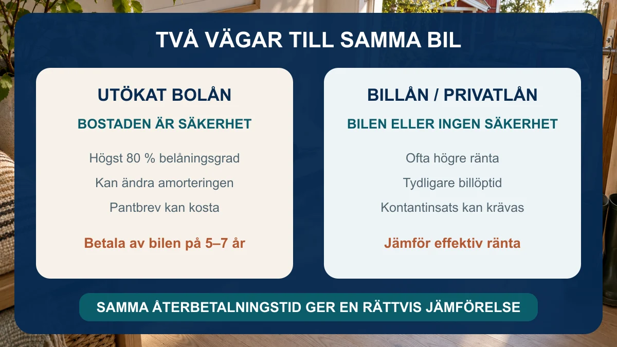 Jämförelse mellan ett utökat bolån med bostaden som säkerhet och billån eller privatlån med annan säkerhet och löptid