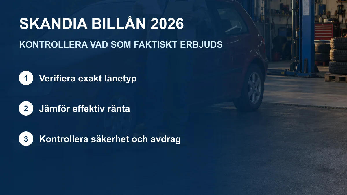 Ung svensk man jämför två finansieringserbjudanden vid en begagnad bil och tre steg för att kontrollera Skandia billån 2026