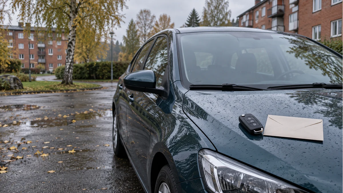 Illustrativ bil med en nyckel och ett omärkt kuvert på motorhuven