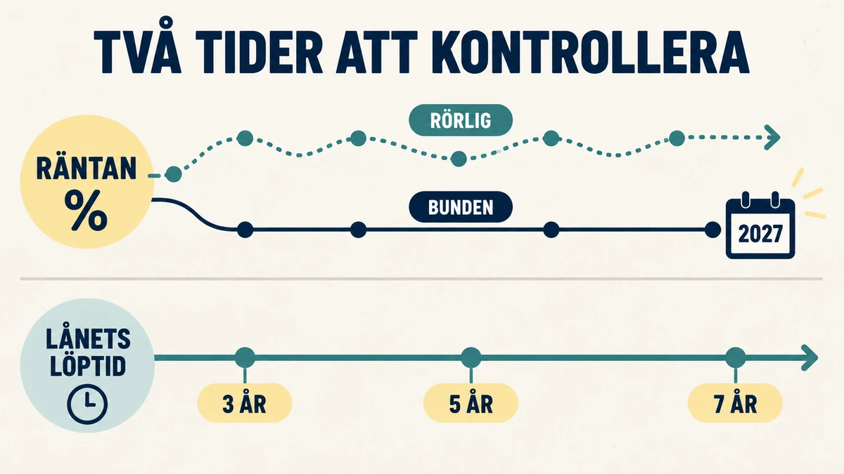 Infografik som skiljer rörlig och bunden ränta från lånets löptid på tre, fem eller sju år