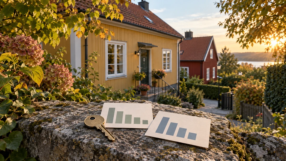 Två jämförelsekort utan siffror och en husnyckel på en stenmur framför svenska radhus