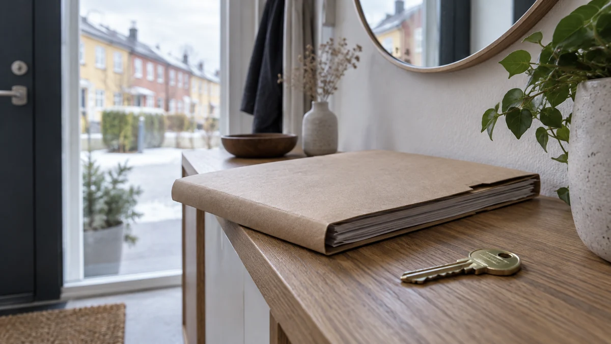 Stängd äldre lånemapp och en husnyckel på en hallhylla med svenska radhus utanför fönstret