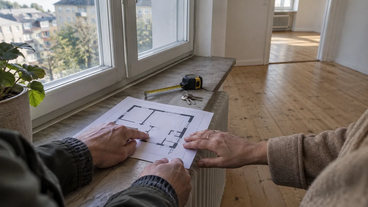 Två personer granskar en planritning vid ett fönster i en tom lägenhet med måttband och nycklar bredvid