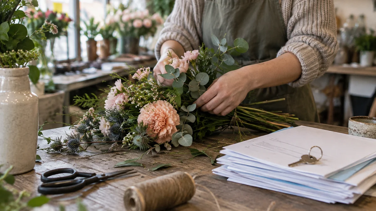 En florist ordnar blommor vid butiksdisken intill bokslutshandlingar och en husnyckel