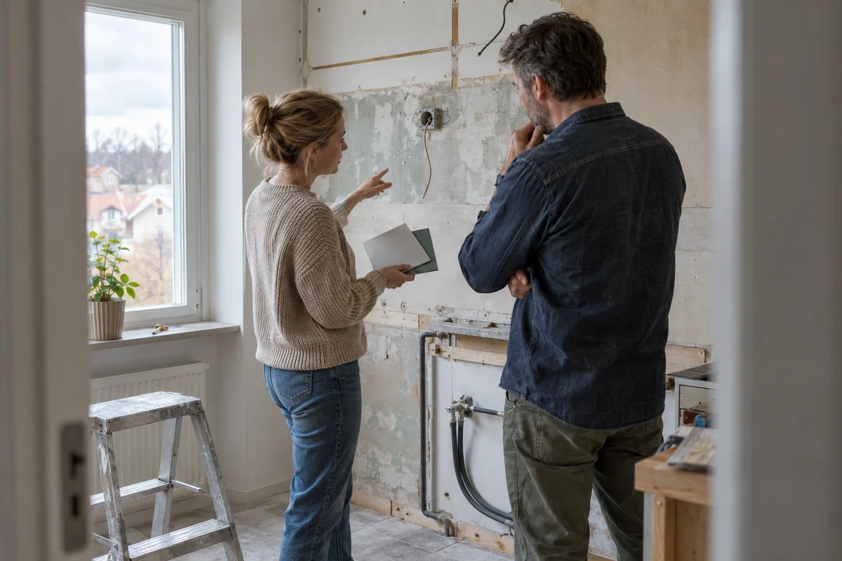 Två vuxna i ett svenskt hem undersöker ett kök under renovering och håller materialprover innan de väljer finansiering