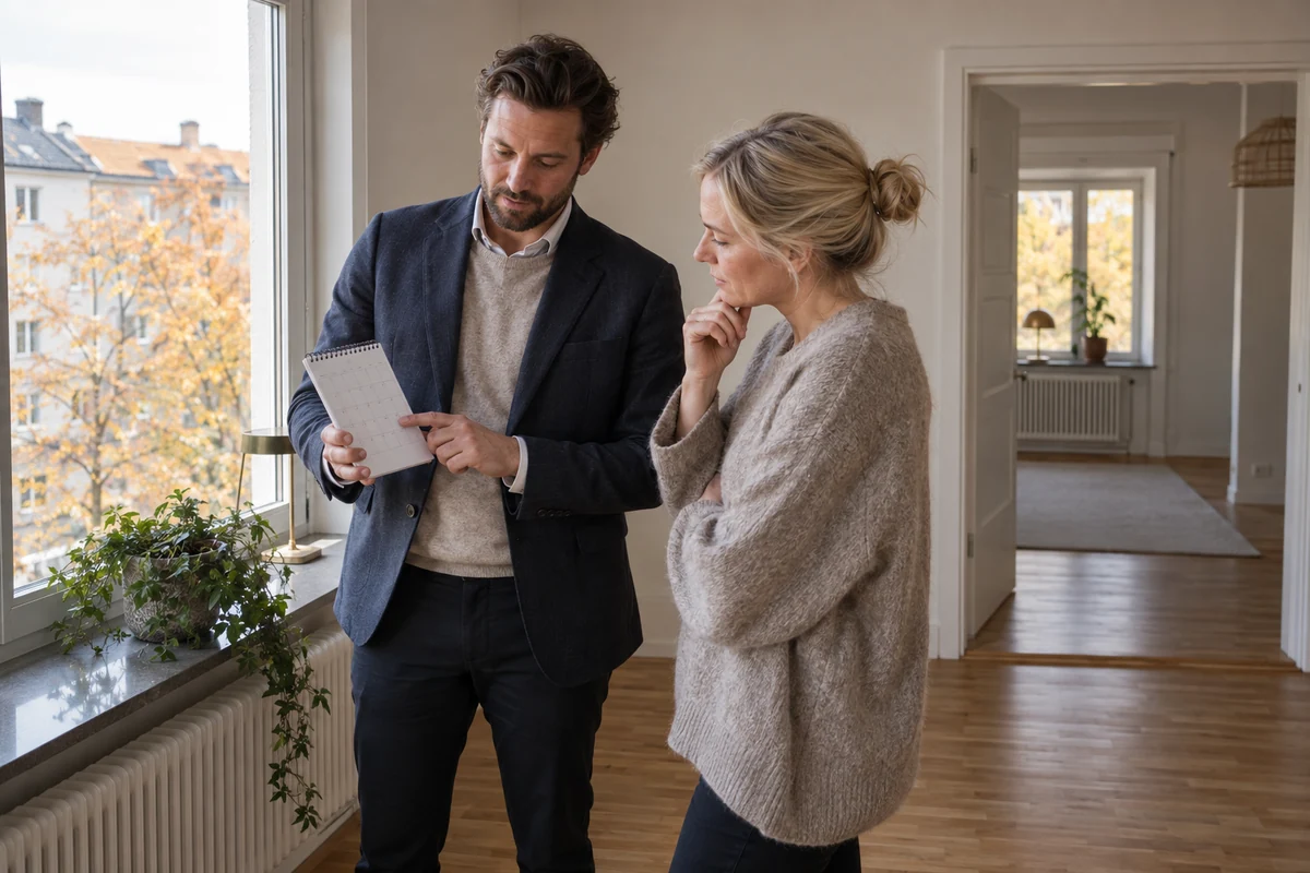 Bostadsköpare och mäklare i en ljus svensk lägenhet går igenom en kalender för kontrakt, handpenning och tillträde