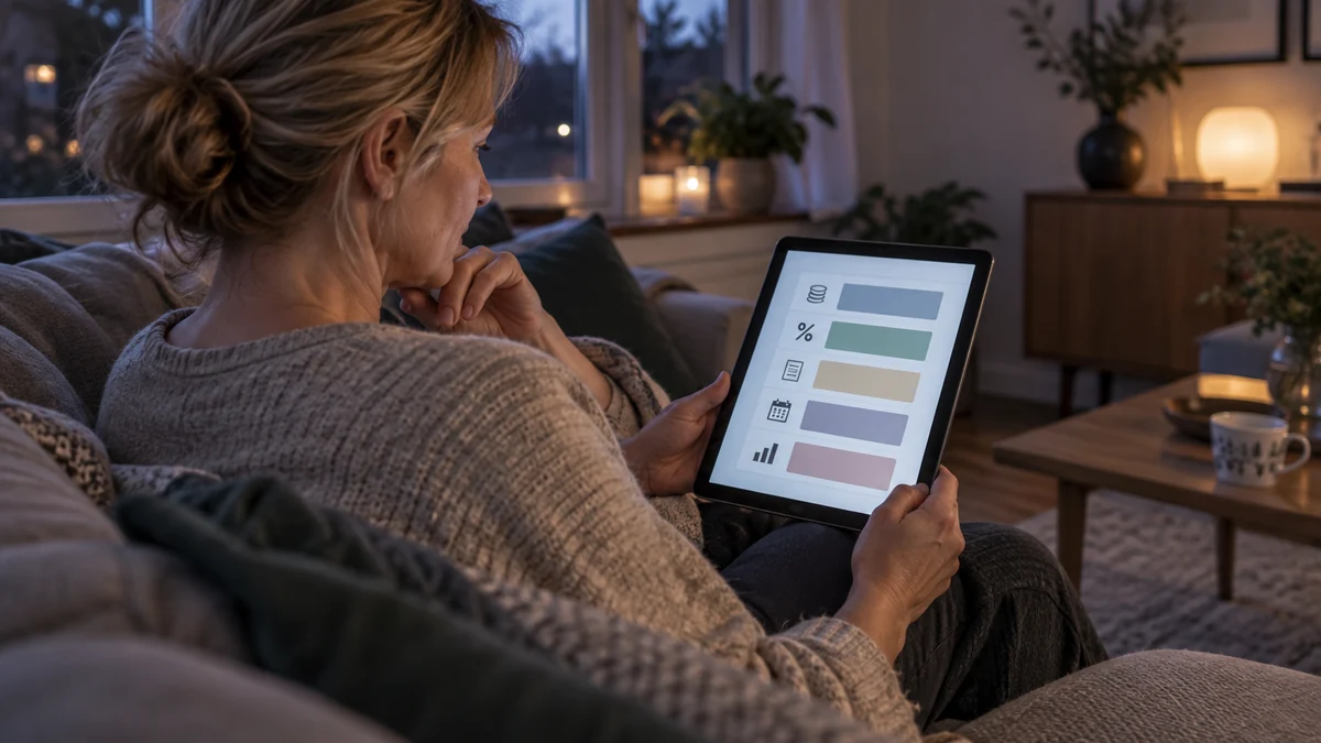 En kvinna i ett svenskt vardagsrum granskar ett digitalt låneerbjudandes belopp, ränta, avgifter och betalningar på surfplatta