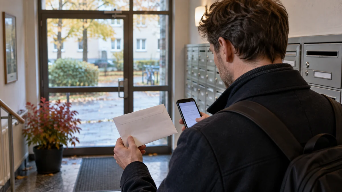 Man kontrollerar ett brev och uppgifter i mobilen vid postboxar i ett svenskt trapphus