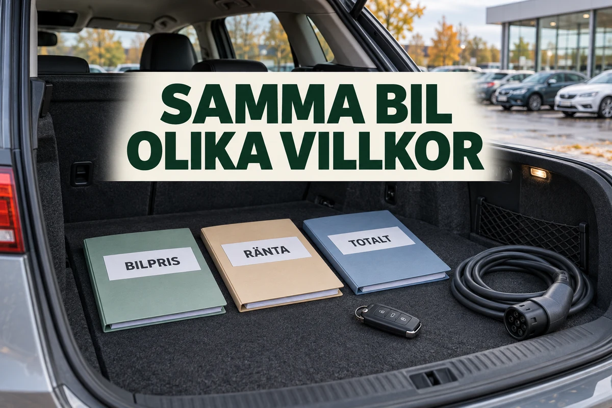 Tre jämförelsemappar märkta Bilpris, Ränta och Totalt ligger med bilnyckel och laddkabel i ett öppet bagageutrymme, med texten Samma bil – Olika villkor
