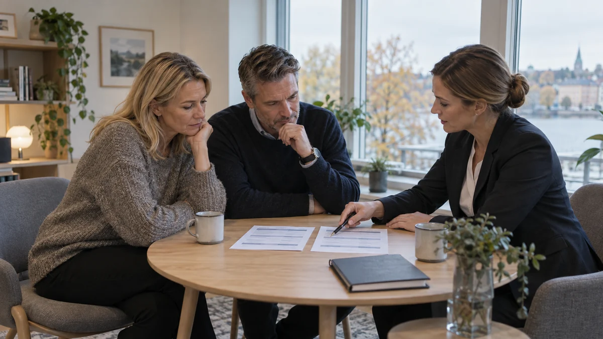 Tre personer går igenom handlingar vid ett runt bord och pekar på en uppgift