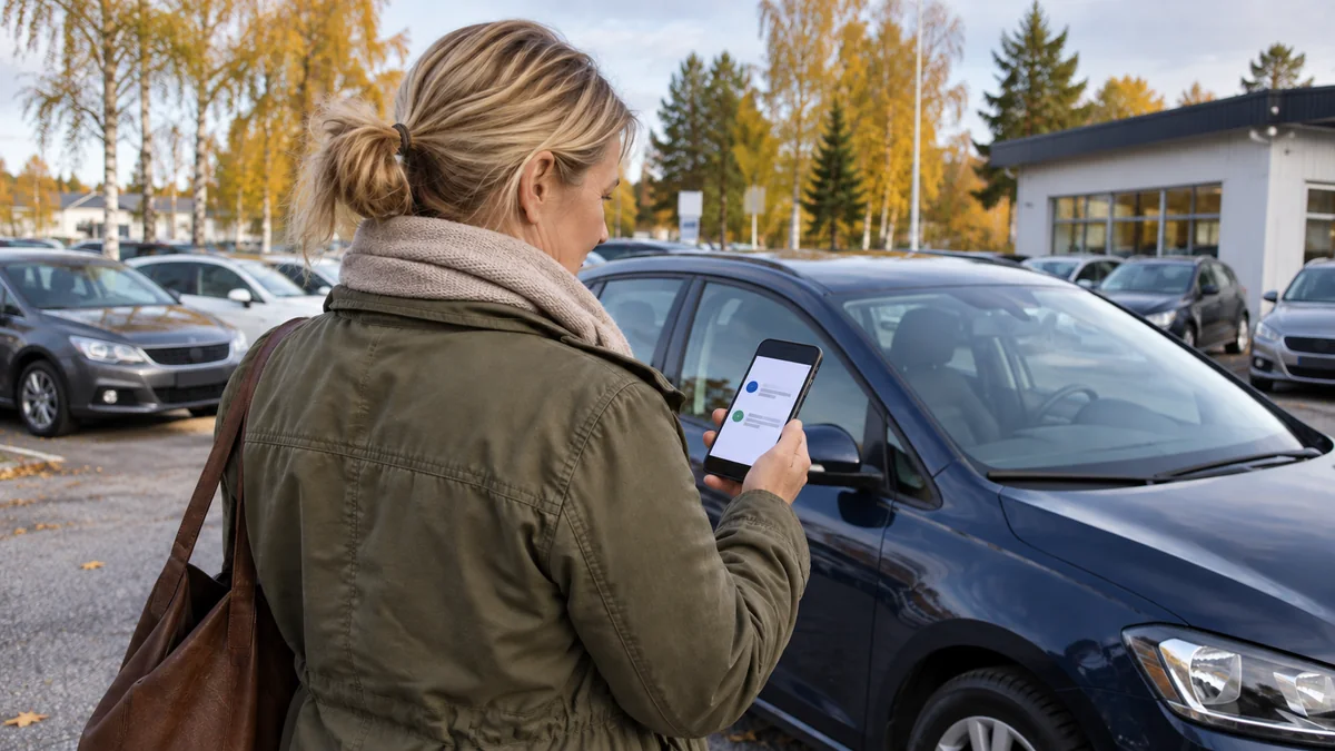 En kvinna jämför två lånealternativ på mobilen bredvid en bil på en svensk bilparkering