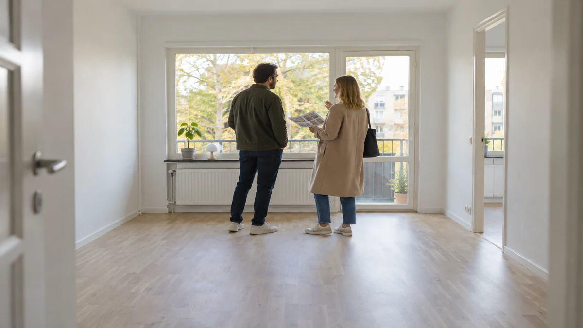 Par studerar en ljus svensk lägenhet på visning medan en planritning och nycklar illustrerar steget före budgivning