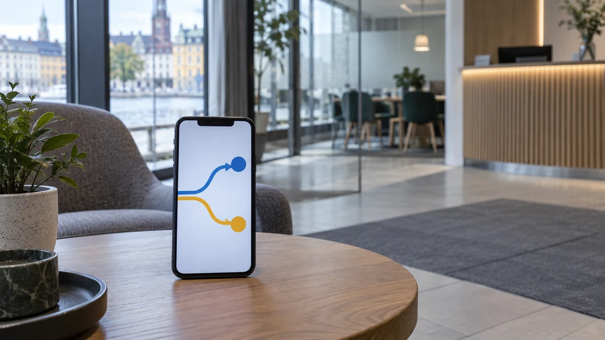 Mobil med två färgade vägval i ett tomt svenskt rådgivningskontor, som illustrerar att ansökningsvägen måste kontrolleras