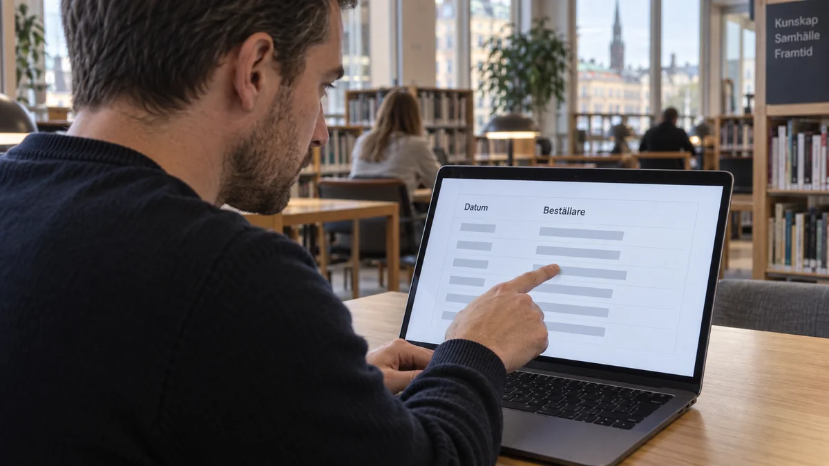 En person på ett svenskt bibliotek jämför datum och beställare i en anonymiserad lista över kreditförfrågningar