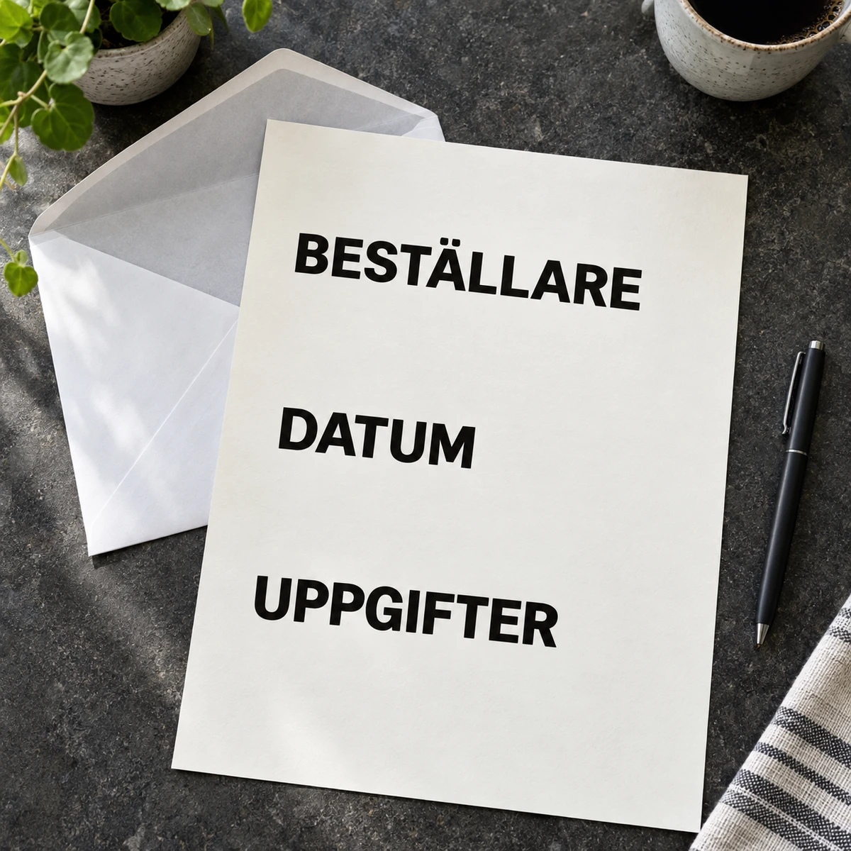 Illustrativ upplysningskopia med beställare, datum och uppgifter på ett öppet kuvert bredvid en penna