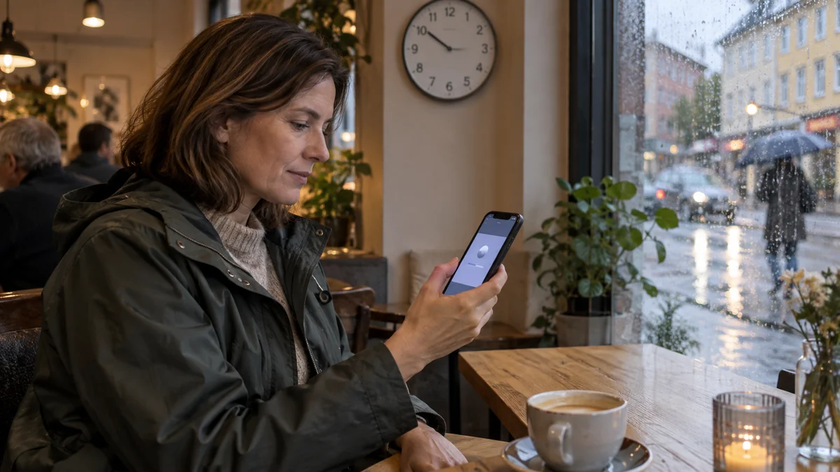 En kvinna på ett svenskt kafé kontrollerar en uttagsstatus på mobilen medan en väggklocka och regnig gata syns bakom henne