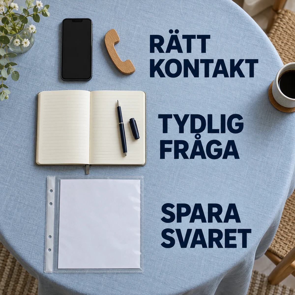Mobil, anteckningsbok med penna och genomskinlig dokumentficka på blått tyg under orden Rätt kontakt, Tydlig fråga och Spara svaret
