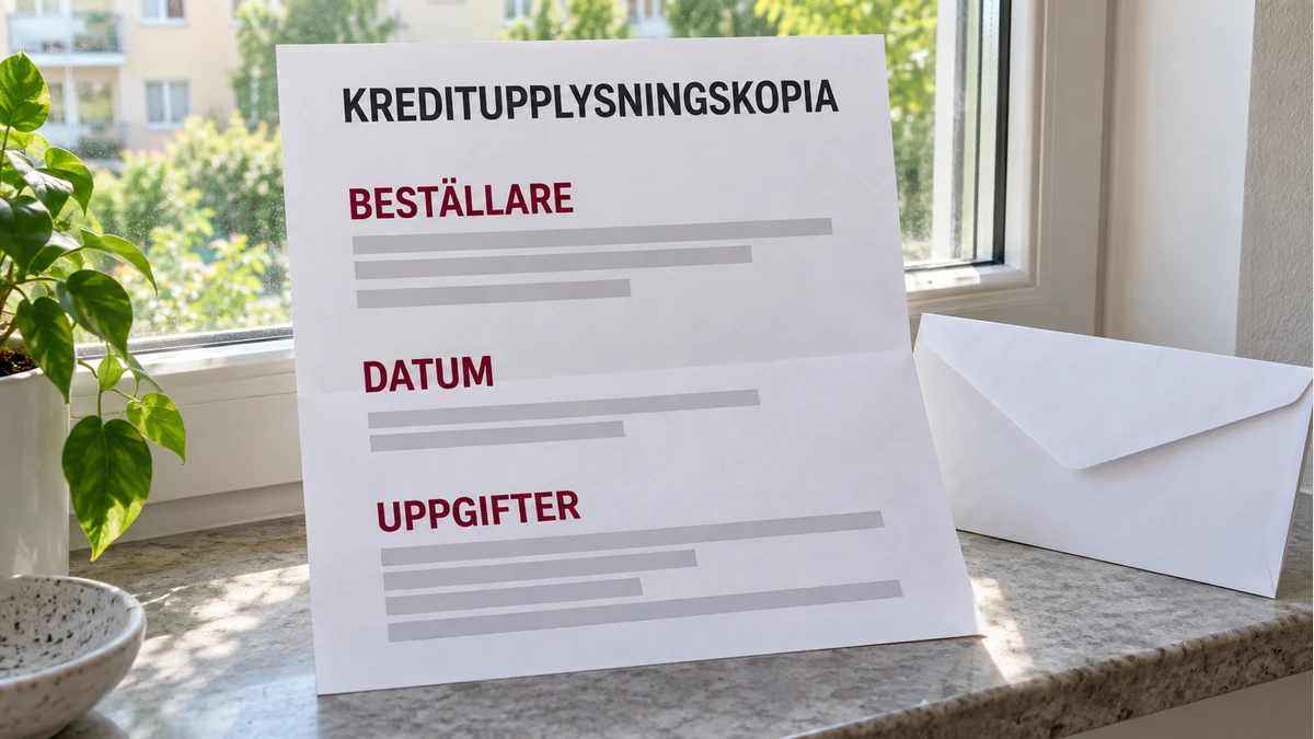 Illustrativ kreditupplysningskopia med rubriker för beställare, datum och uppgifter vid ett fönster