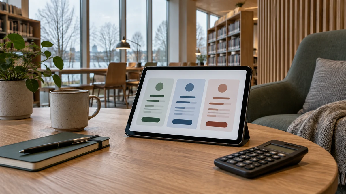 Tre illustrativa lånealternativ visas sida vid sida på en surfplatta i ett svenskt bibliotek, med miniräknare bredvid