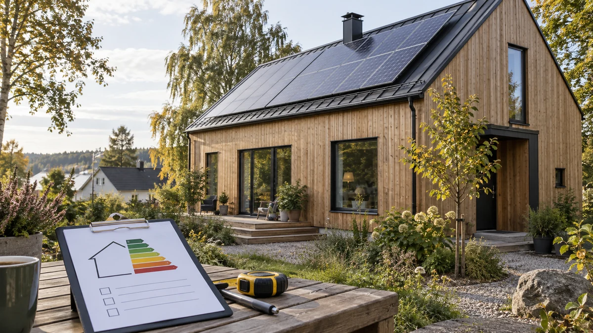 Svenskt trähus med solpaneler och ett illustrativt energibedömningsunderlag i förgrunden