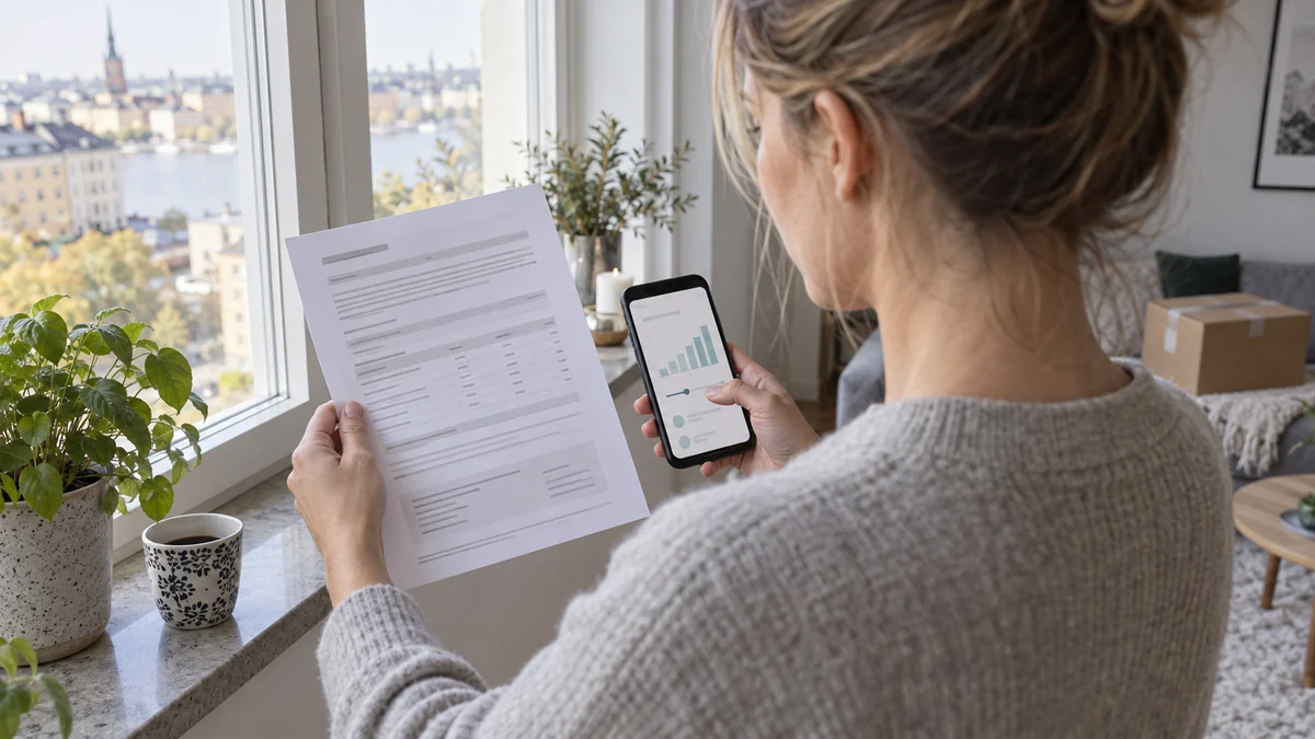 Kvinna vid fönster jämför ett illustrativt låneinformationsblad med en mobil lånekalkyl i svensk lägenhet