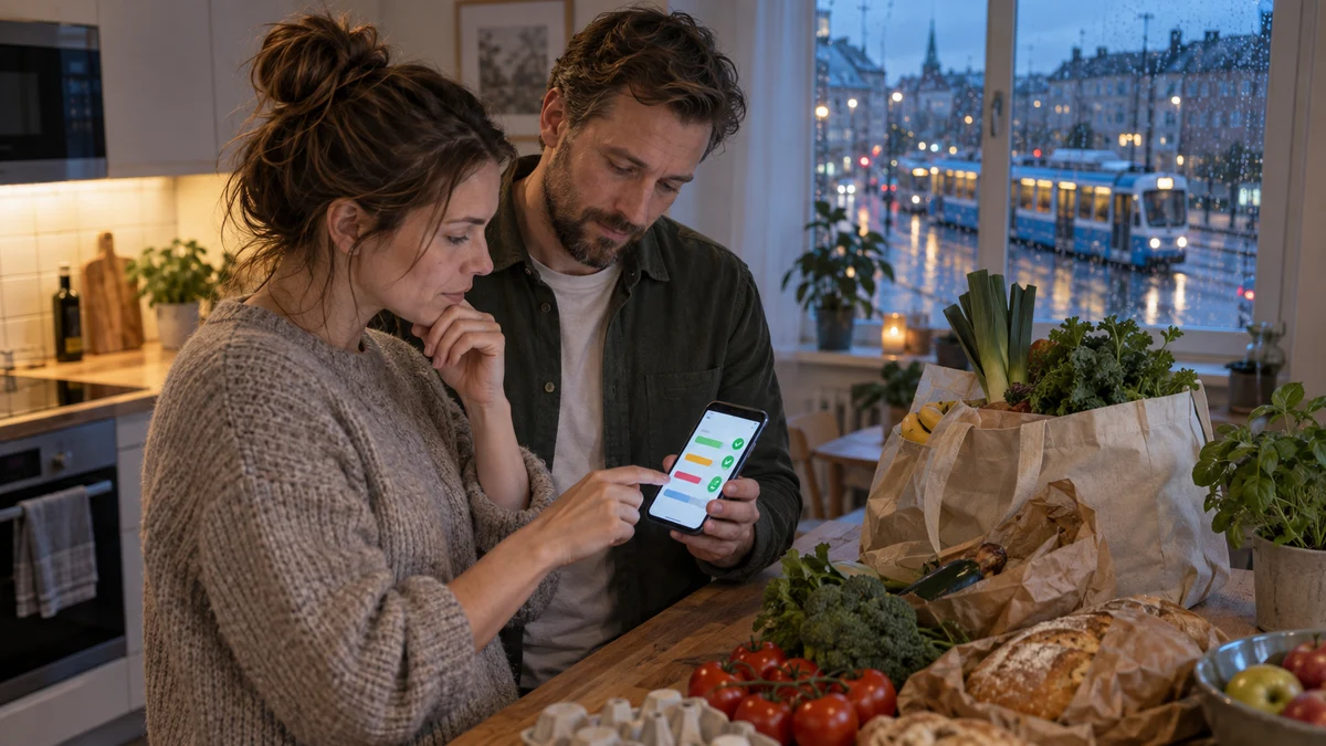 Ett par i ett svenskt kök jämför vardagsutgifter med en illustrativ budgetvy i mobilen efter ett matinköp