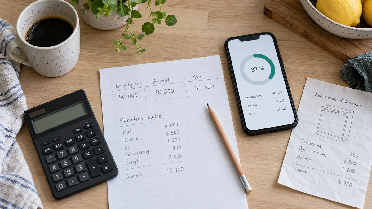 Köksbord med budgetblad, kalkylator, en mobil kreditöversikt och offert på reparation av diskmaskin
