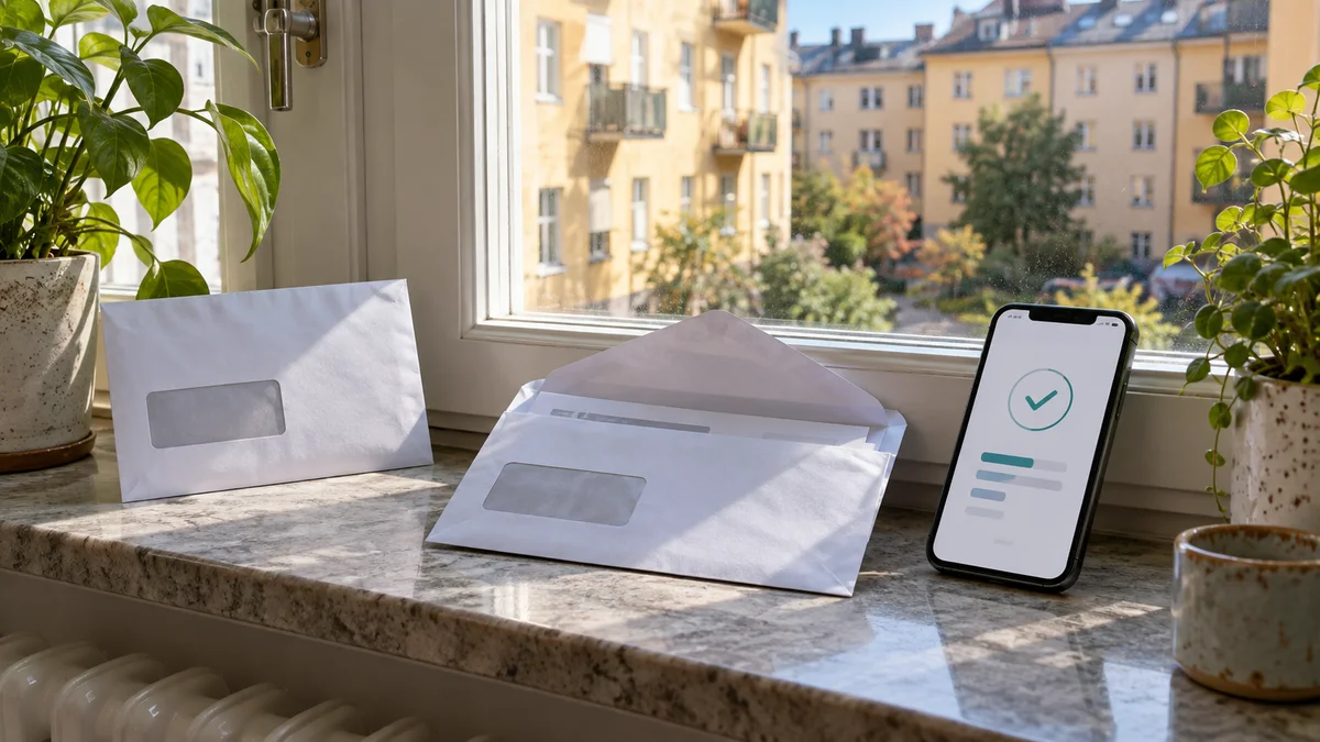 Två neutrala kreditupplysningskuvert och en mobil med kontrollsymbol på en svensk fönsterbräda