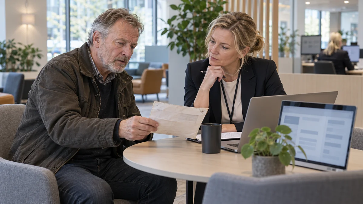 Låntagare med ett äldre lånebrev samtalar med en rådgivare om vem som hanterar det befintliga lånet