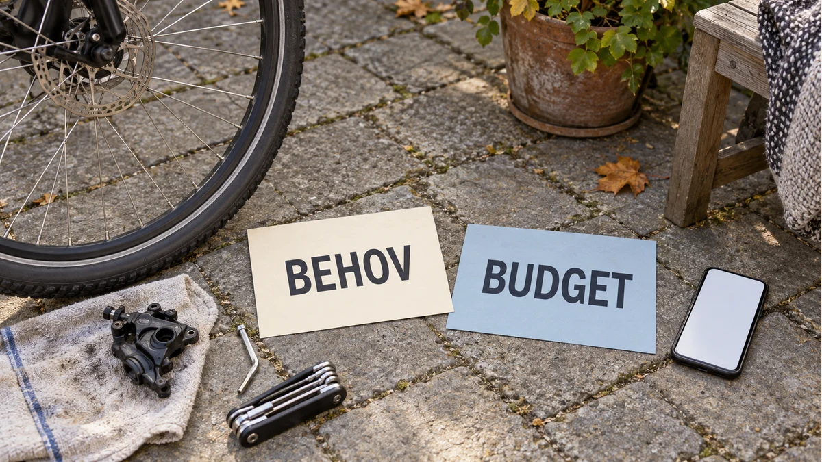 Cykeldelar och reparationsverktyg bredvid kort märkta Behov och Budget samt en mobiltelefon på en stenlagd svensk gård