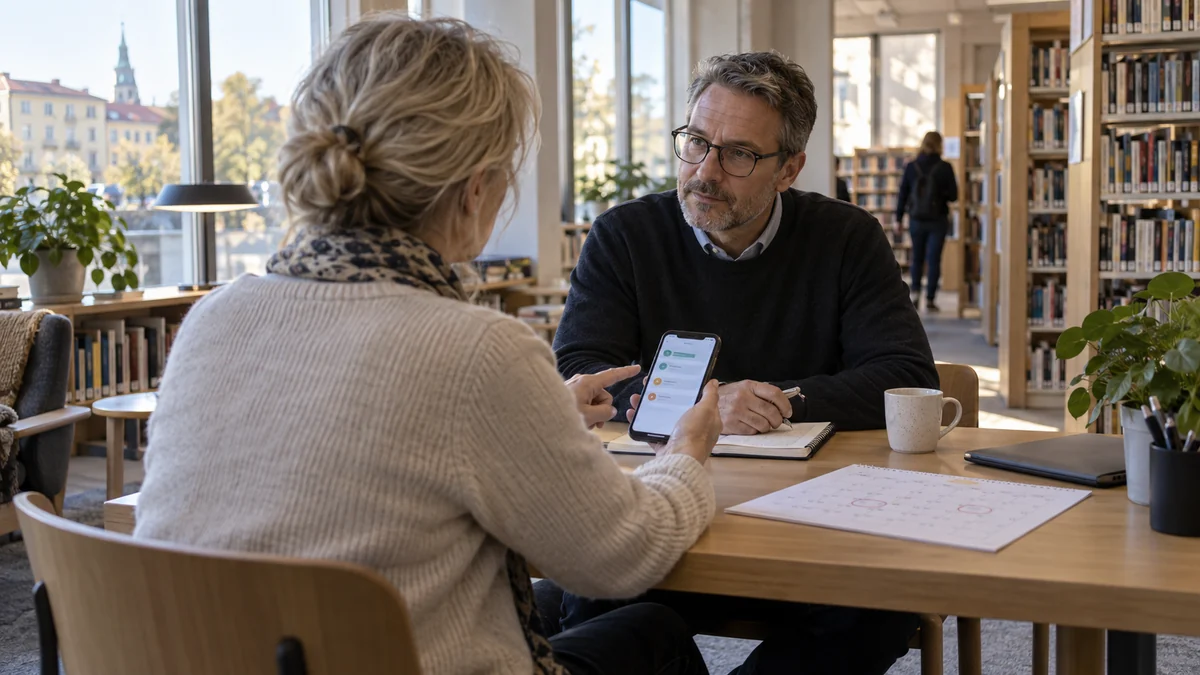 Illustrativ biblioteksscen där två personer går igenom anteckningar och en telefon vid ett bord
