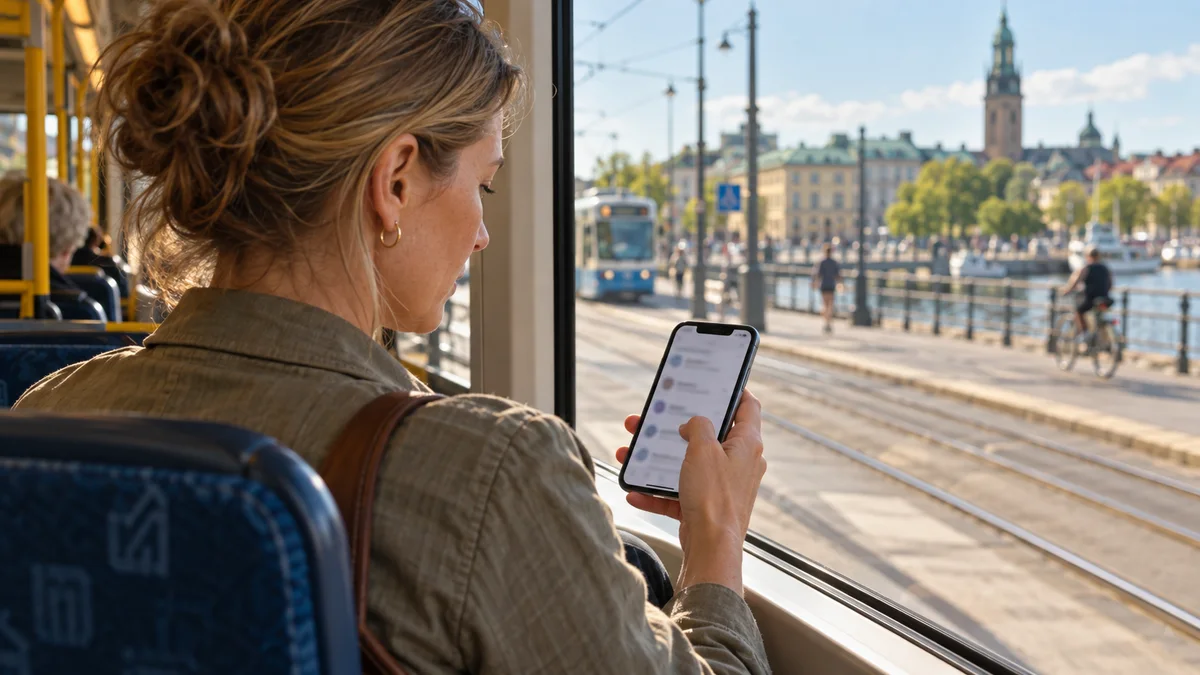 Kvinna på en spårvagn granskar ett meddelande på mobilen innan hon kontaktar långivaren via dess officiella webbplats