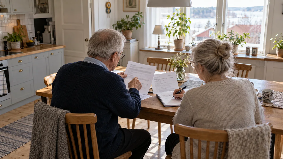 Äldre par i ett svenskt kök jämför ett tidigare låneavtal med en ny avi och antecknar vem som hanterar lånet