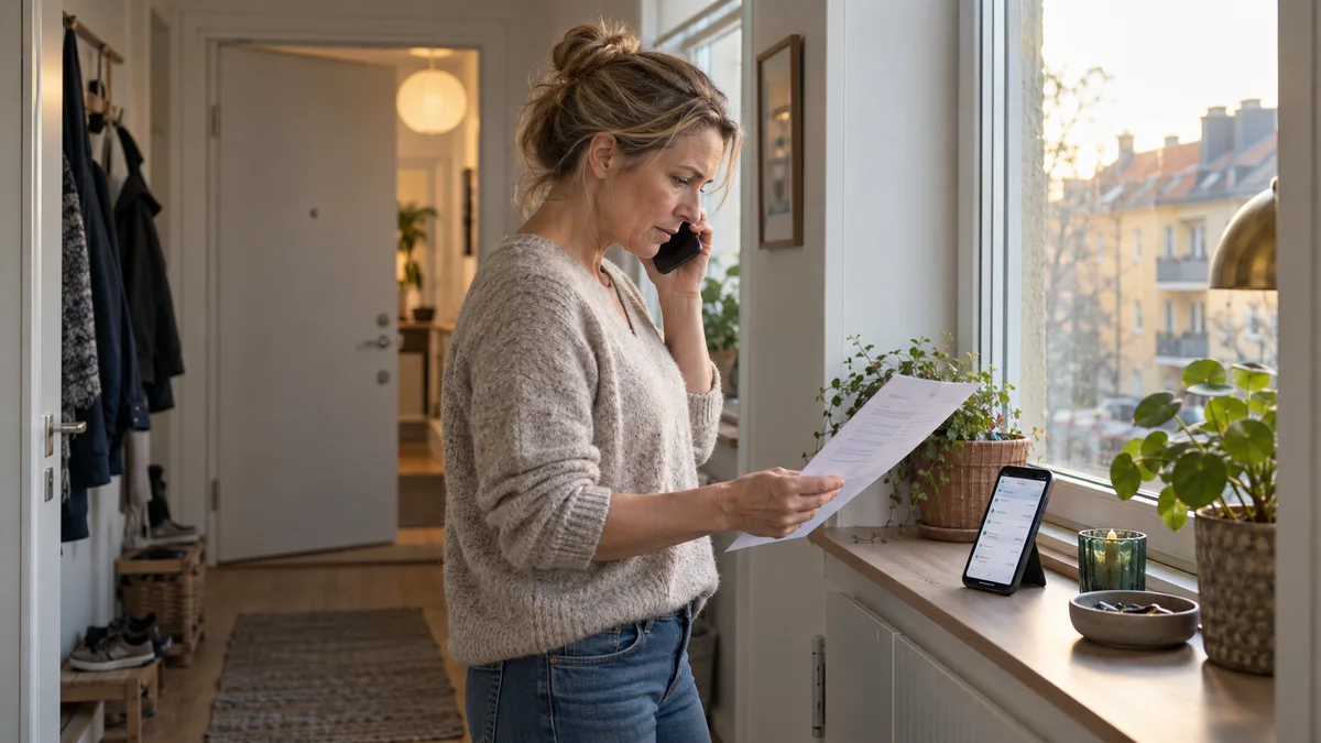 Kvinna i svensk lägenhet kontaktar kreditgivaren per telefon och jämför ett äldre lånebrev med kontouppgifter i mobilbanken
