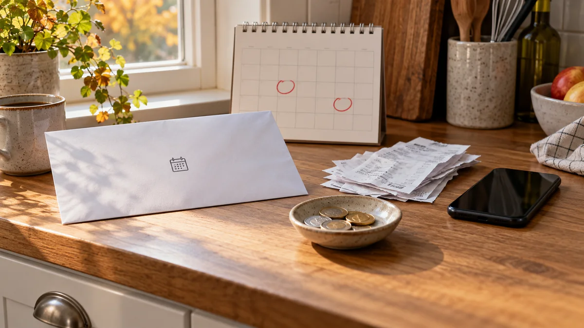 Lönekuvert, kalender med två markerade dagar, matkvitton och mynt på en svensk köksbänk visar glappet mellan utgift och lönedag