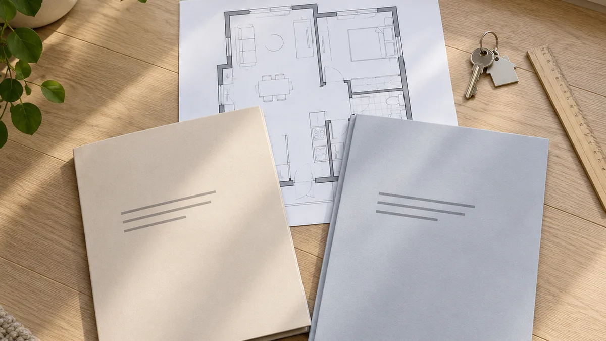 Planritning för en lägenhet, två neutrala lånemappar och bostadsnycklar på ett ljust golv visar behovet av att jämföra riktiga bolåneerbjudanden