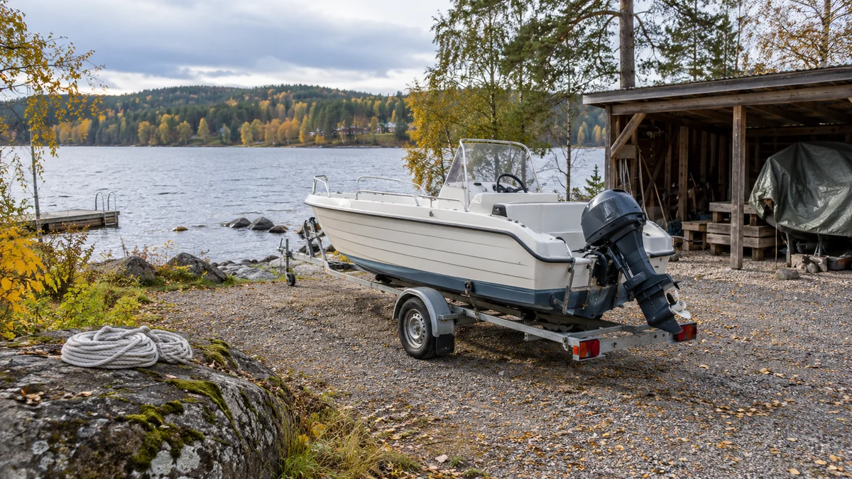 Begagnad motorbåt på trailer vid en svensk sjö, med förvaring intill som påminner om kostnader utöver köpesumman