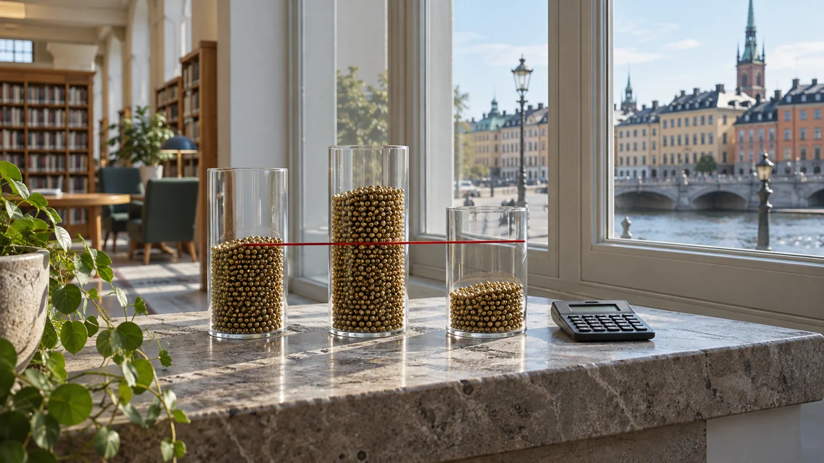 Tre glascylindrar med olika mängd mässingskulor och en röd jämförelselinje på en fönsterbänk