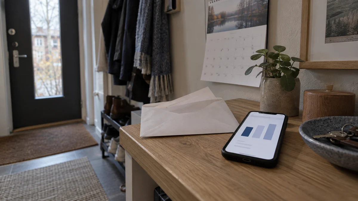 Betalningsbrev och telefon med en enkel betalningsöversikt på en hylla i en svensk hall