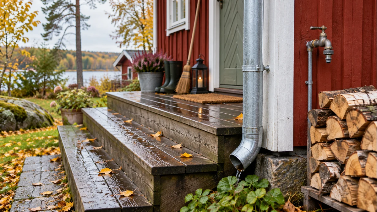 Regnvåta trätrappor vid en röd svensk sommarstuga med stuprör, vattenkran och ved som visar löpande skötsel och underhåll